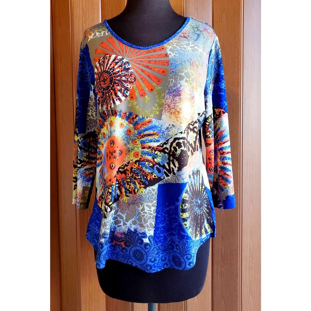 Multiples size PM blue, orange & tan 3/4 sleeve blouse